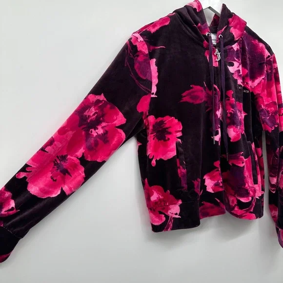 Juicy Couture Velour Track Jacket Size XL Hooded Floral Coquette Streetwear Boho - Picture 2 of 15